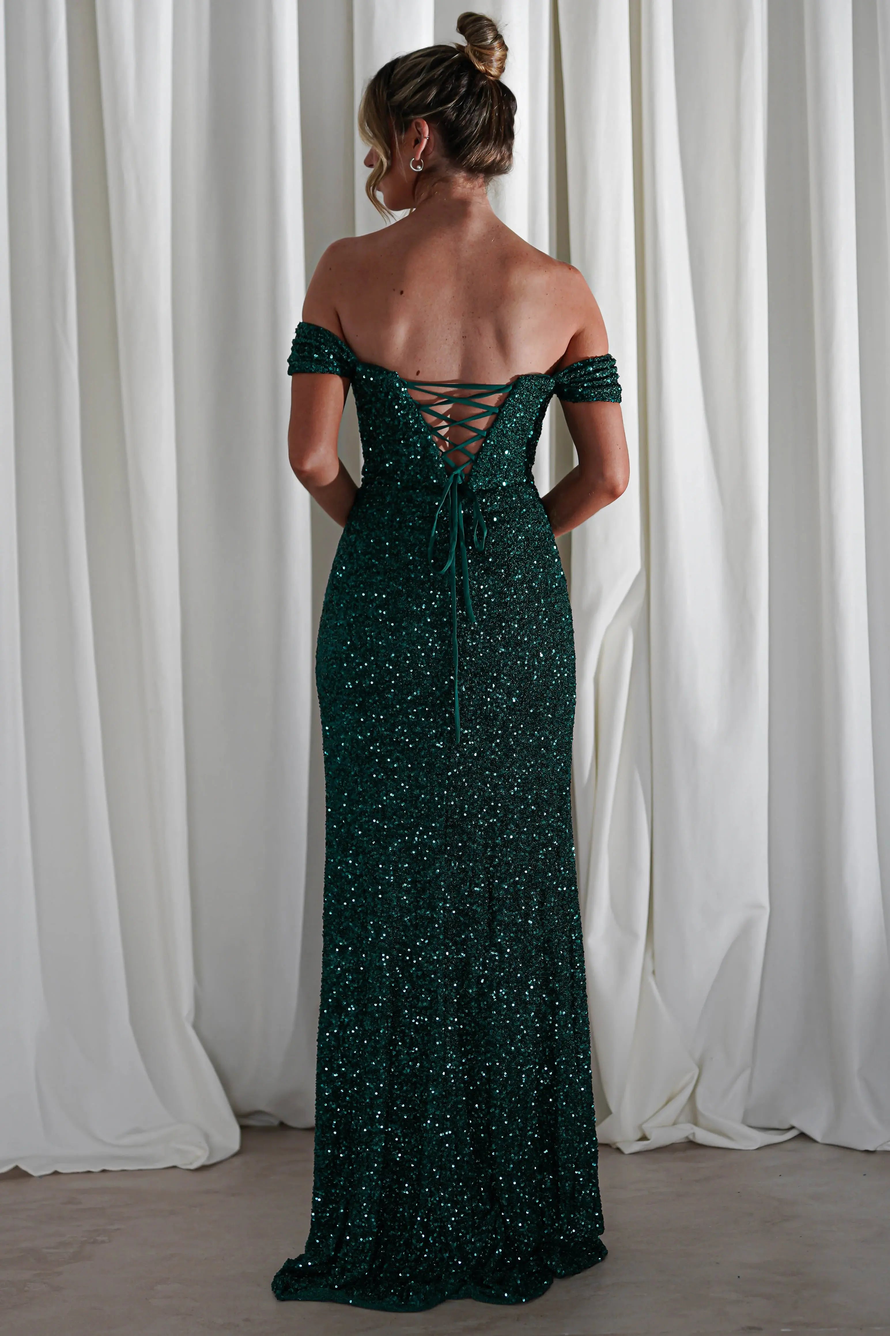 Weitese Dress Sequin Ruched Bodice Mermaid Gown Off Shoulder Neck Emerald Green Sexy High Slit Prom Dress